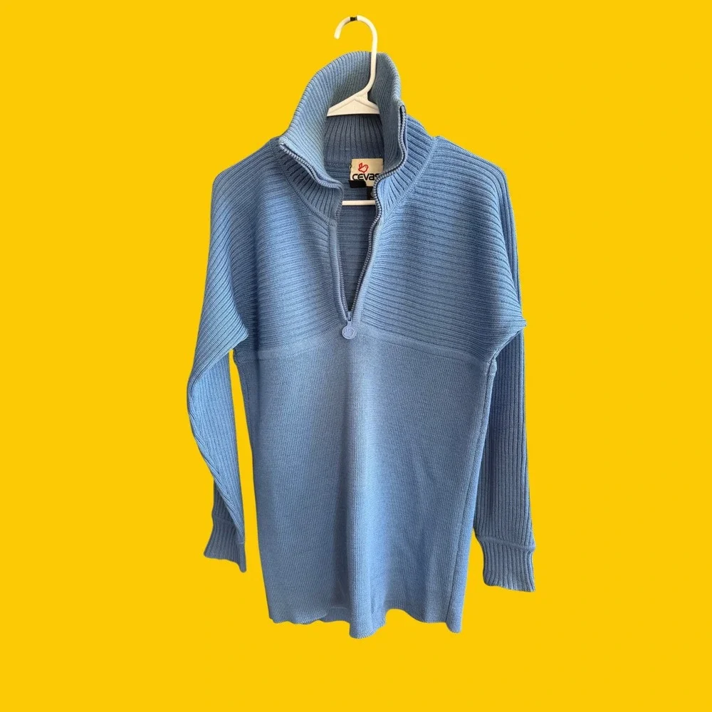 Vintage Cevas Mens Blue 100% Pure New Wool Quarter Zip Ribbed Sweater‎ Medium